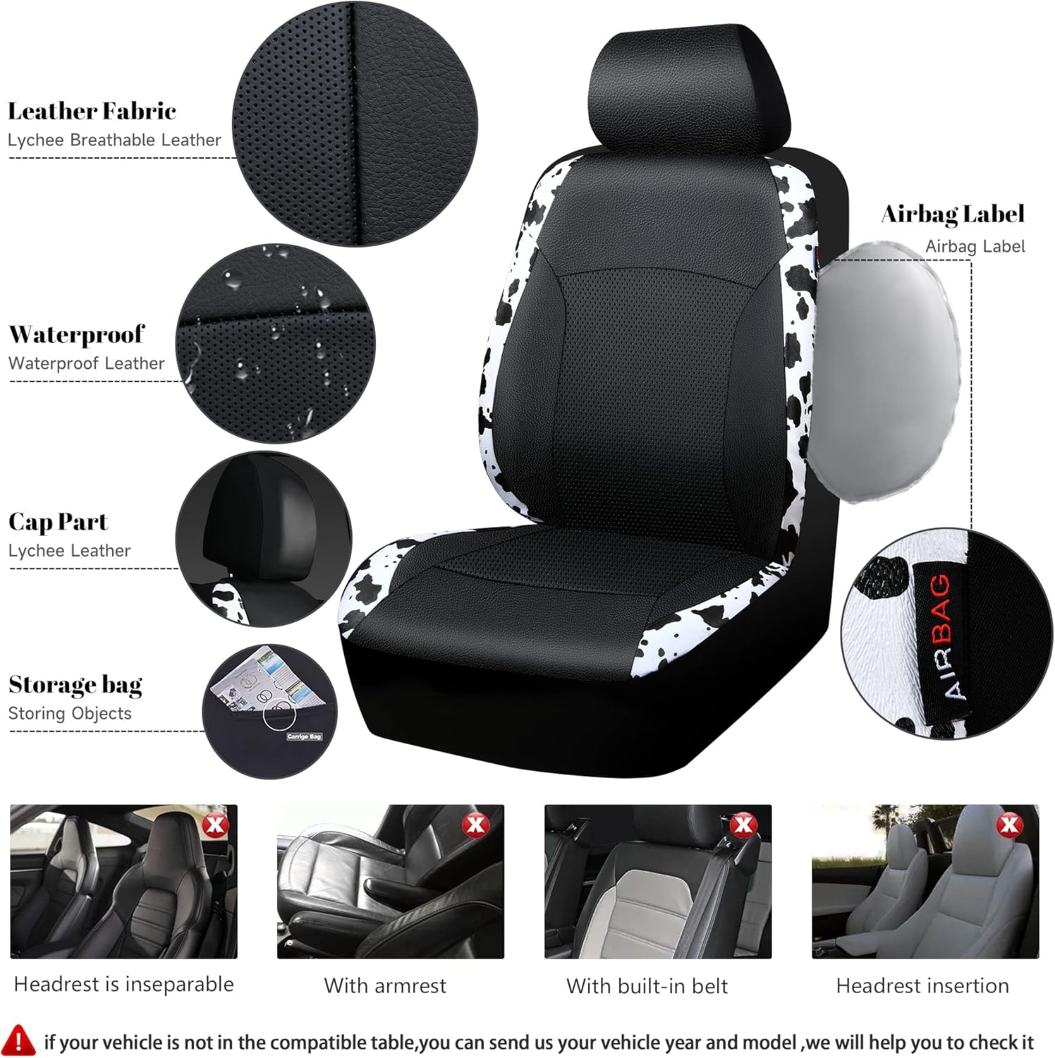 CAR PASS Waterproof Universal Fit Car Floor Mats, Cow Print Car Mats Fit for SUV,Vans,sedans, Trucks,Heel Backing,Cute Women Girly Funny Black White