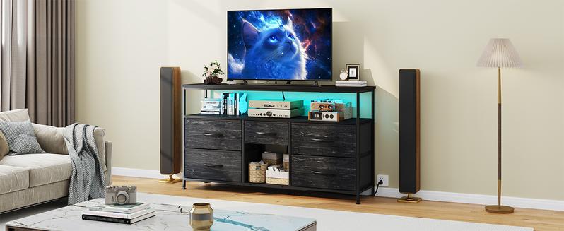 【Jumpstar Sale】 Raybee Furniture Small Space Drawer Dresser for Bedroom, TV Stand 50" TV with Charging Station & LED, Living Room Dresser with 5 Drawers, Entertainment Center, Fabric Dresser Storage Bin Organizer for Bedroom Furniture