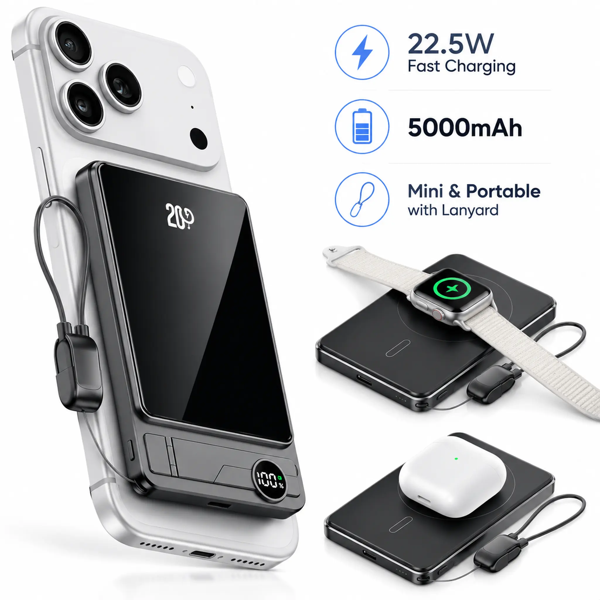 5000mAh Wireless Magnetic Power Bank, Compact Portable Battery Charger with Built-In USB-C Cable, 20W Fast Charging, Kickstand and LED Display for iPhone 17–12 Series