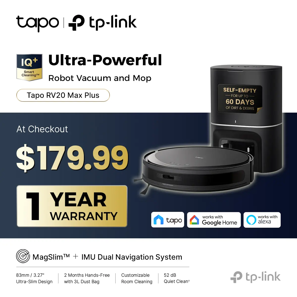 TP-Link & Tapo RV20 Max Plus Ultra-Slim Robot Vacuum and Mop with 5300Pa Suction, MagSLIM LiDAR Navigation, Auto-Empty Dock, 97% Dust Pickup, Alexa & Google Home Compatible - Deep Cleaning Machine Automatic Wireless  #SummerWins #DealsForYouDays