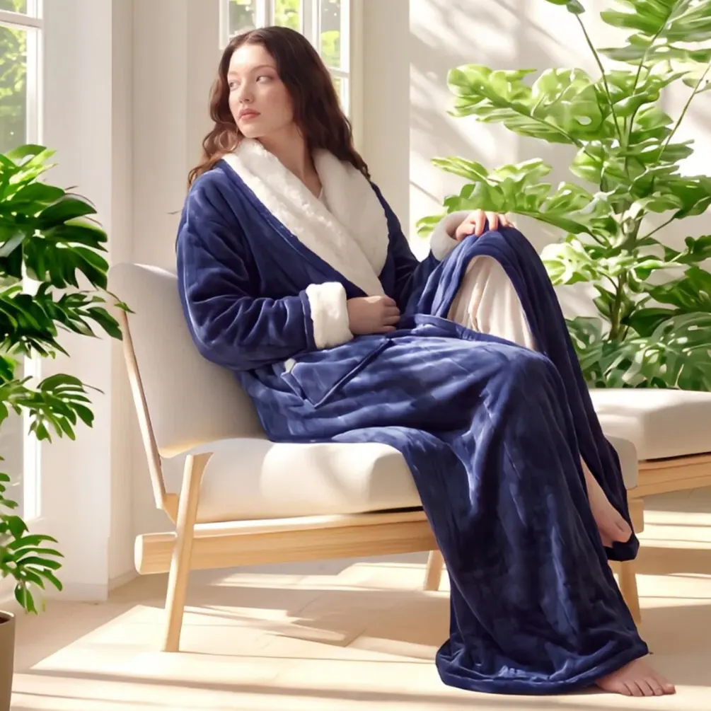 Cosyaby Wearable Blankets,Women Full Length Sherpa Trim Flannel Robe, Ultra Warm Open Front Long Bathrobe with Back Pocket, Soft Collar Loungewear House Coat for Fall,Oversized Loungewear Robe with Pocket, #halloweenfinds #tiktokshopbacktoschool #dormtour