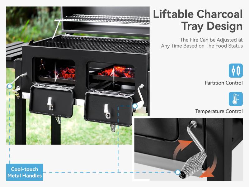 PHI VILLA Extra Large Charcoal BBQ Grill with Easy Clean Full Size Ash Tray, Enamel Grilling Racks, 794 SQ.IN. Cooking Area, Smokeless, Metal Iron Barbecue