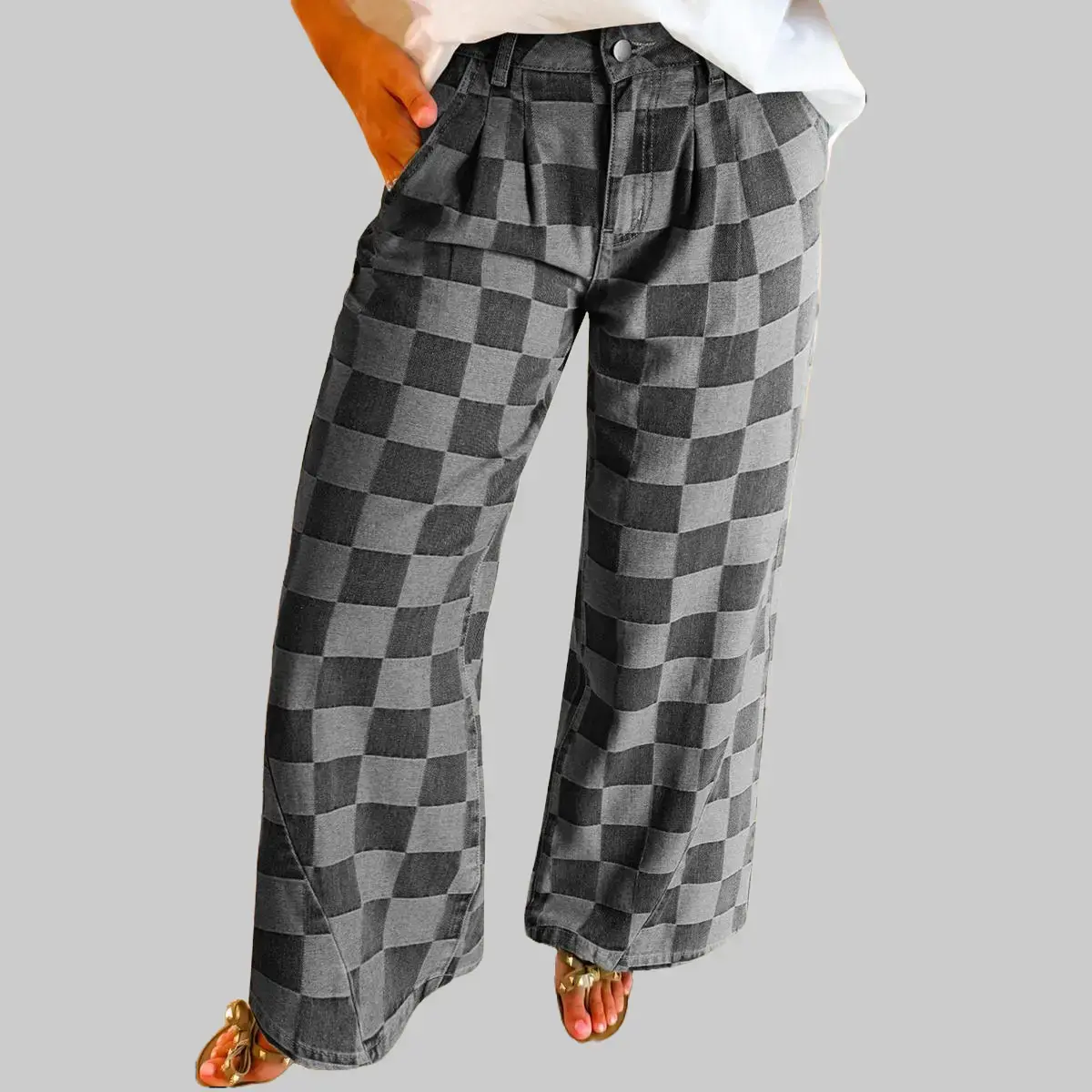 50% Cotton Checkered Wide Leg Jeans for Women, High Waist Checkerboard Denim Pants, Retro Loose Casual Y2K Streetwear Pants, Grey & Blue Colors,Y2K vintage street style daily trousers,,clothes for back to school,first day of school outfits
