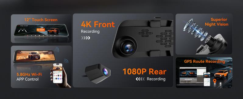 WOLFBOX G840S 12" 4K Mirror Dash Cam with 5.8GHz WiFi & GPS Tracking, Dual Cameras, Night Vision, 32GB Card, 170° Front & 140° Rear Lenses, 24-Hour Parking Monitor, TikTokShopHolidayHaul - Automotive Video Recorder