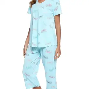 Short Sleeve Nine-Point Pants Set Knitted Cotton Homewear Set Plus Size Women's Pajama Set Nighttime Sweet Pajamas Discovery Loungewear Nightwear