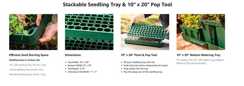 Vego Garden Seedling Suite Products 10" x 20" 76 Cells Stackable Seed Starter Germination Tray with 3-in-1 Plant & Pop Board & Bottom Watering Tray for Easy Seed Starting - Growing Kit