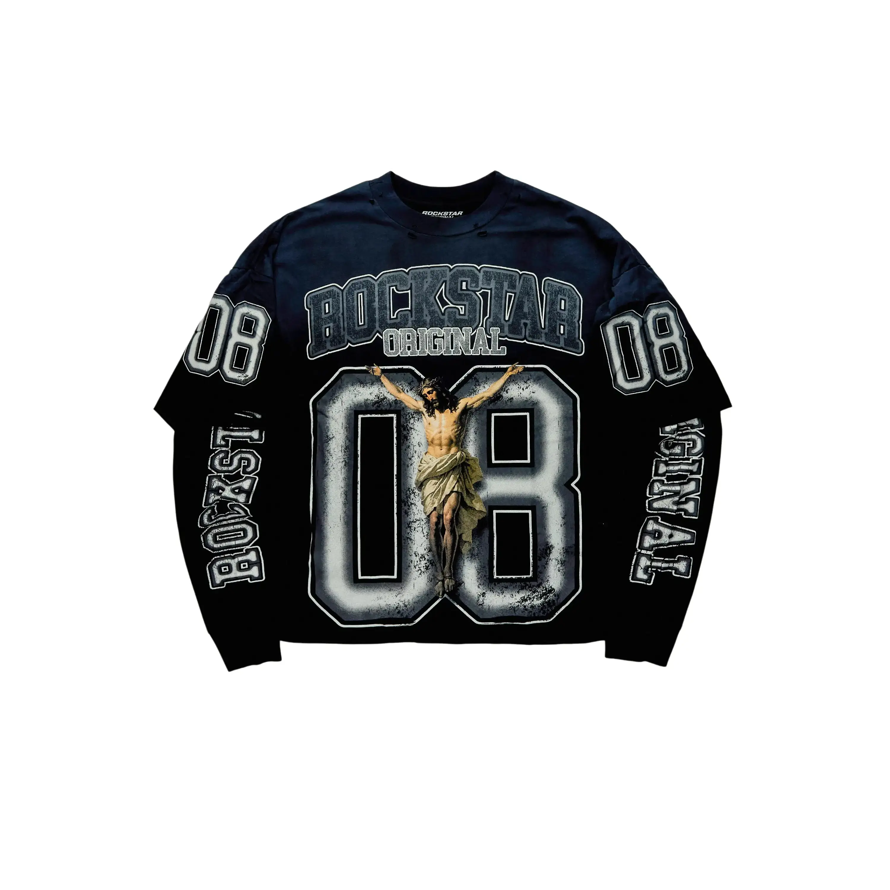 Fields Black/Grey Double Layer Distressed Long Sleeve Graphic T-Shirt