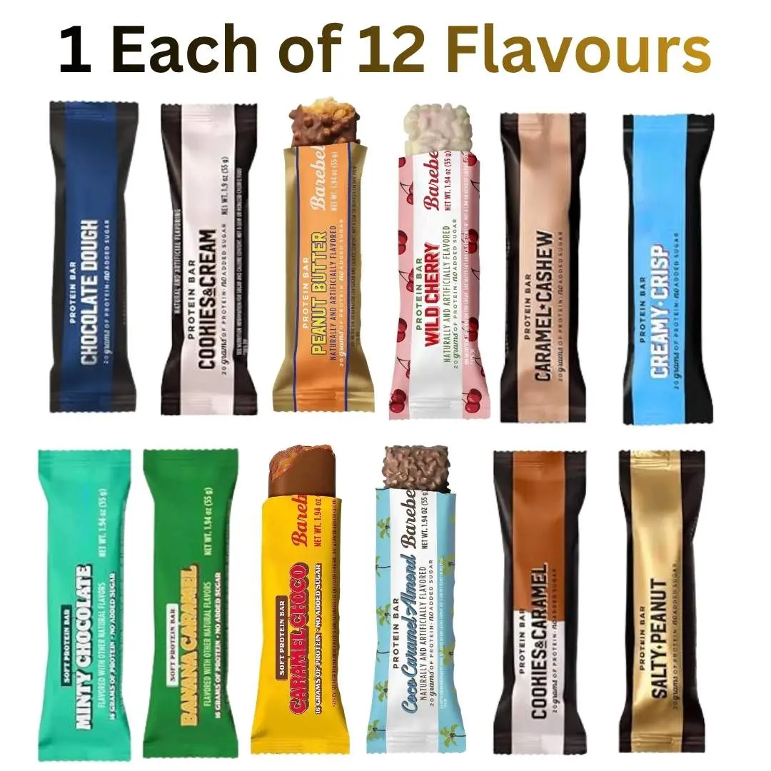 BareBells Protein Bars - Protein Packed Snack with Chocolate, Peanut, Caramel Flavours - 1 Each of 12 Assorted On-the-Go Diet Snacks - FS