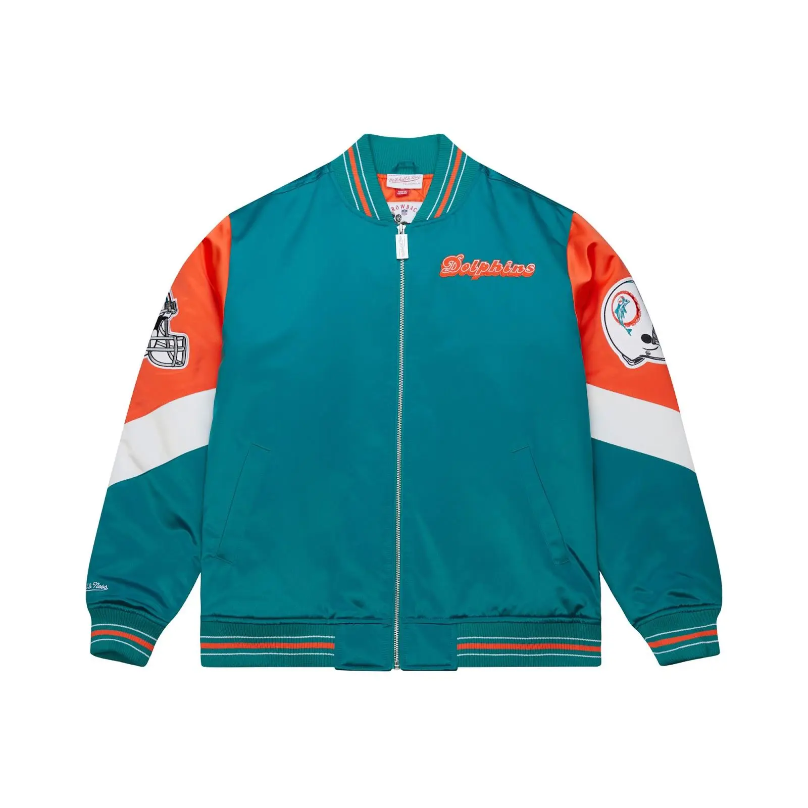Mitchell & Ness Men's Miami Dolphins Graphic Casual Regular-Fit Aqua Vintage Heavyweight Satin Full-Zip Jacket, Zip-Up Jackets Style