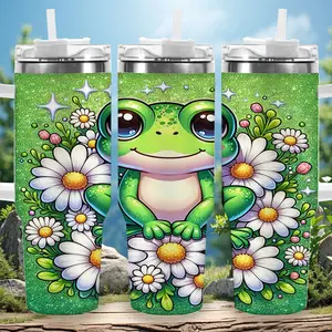 1pc 40oz Cute Frog and Daisies Tumbler with Lid, Insulated Travel Mug, Gift for Women Men, Ideal for Halloween, Independence Day, Memorial Birthday Gift, Coffee Cup, weird stuff