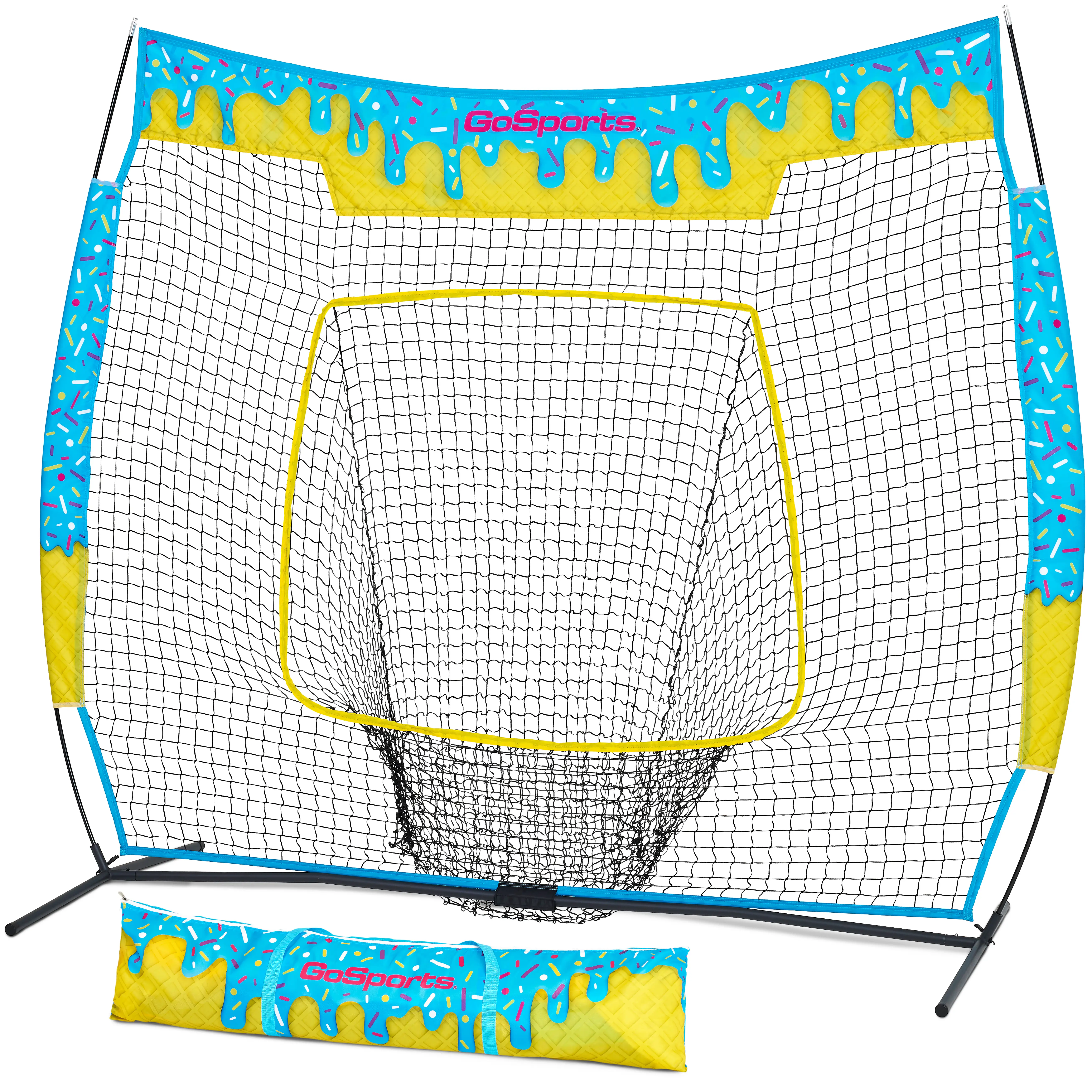 GoSports 7x7 ft Ice Cream Theme Softball/Baseball Batting Net with Strike Zone, 2 Batting Weights (16 oz, 12 oz) for Hitting Drill & Pitching Practice, Net Fabric