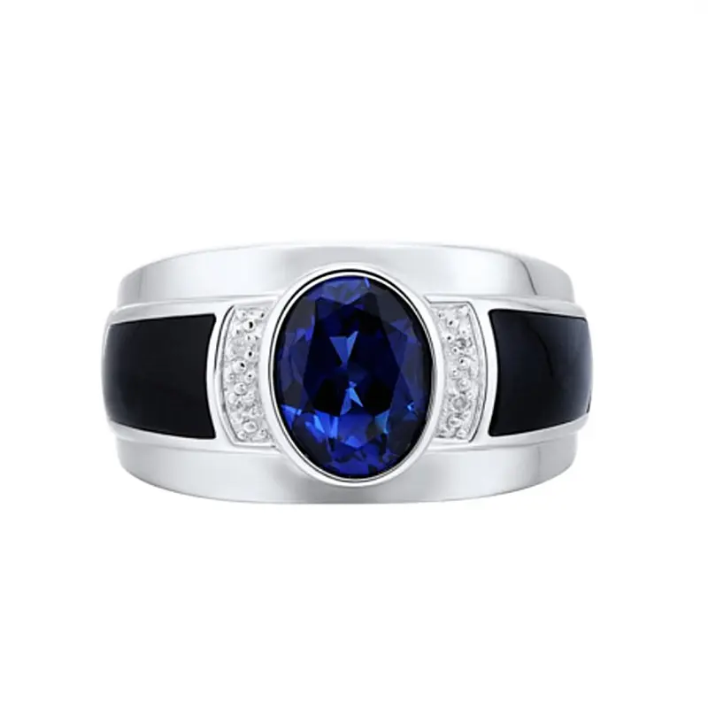 Platinum-Plated Men's Statement Ring with Sapphire & Black Onyx, Bold Center Stone, Luxury Look, Viral Kuaishou-Style Male Jewelry