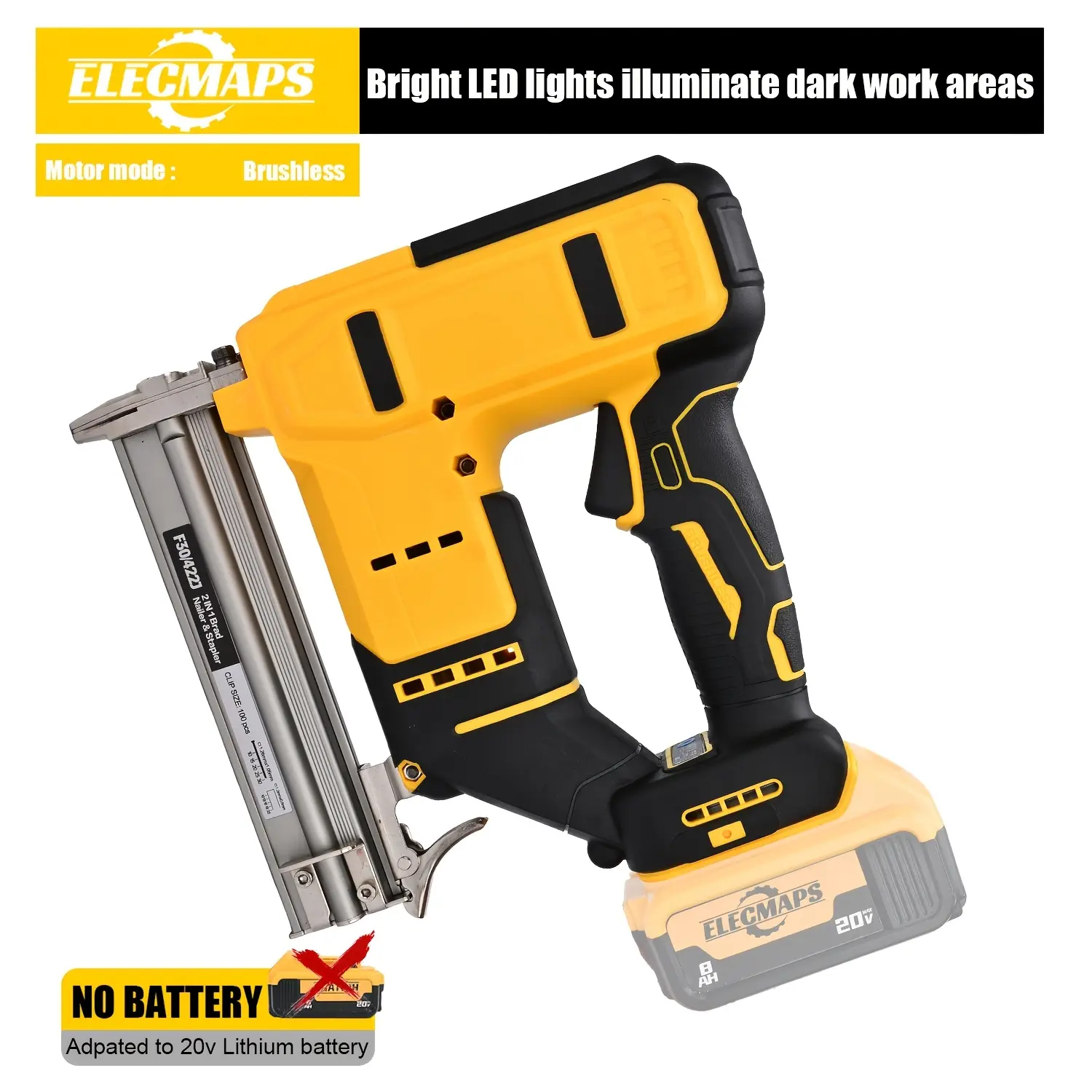 ELECMAPS 2-In-1 Cordless Nailer & Stapler Hardware, Brushless, Dewalt 20V Battery Ready, Safety Lock, for Woodworking Projects (Bare Tool)
