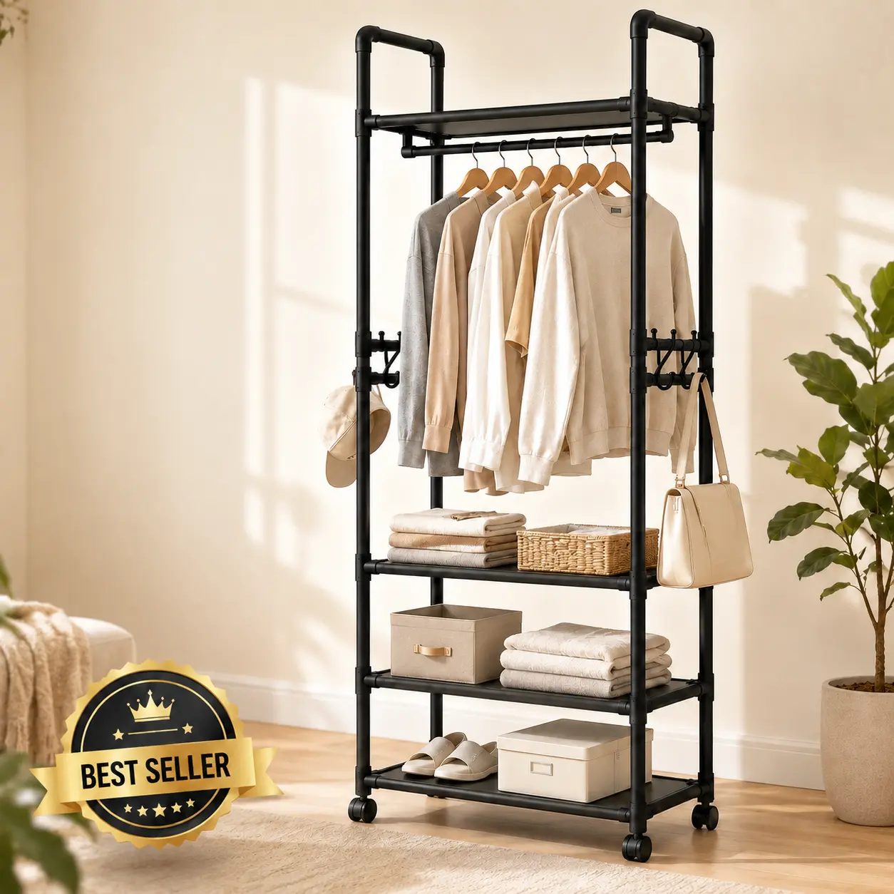 Rolling Garment Rack with Storage Shelves and Side Hooks, Clothes Rack with Wheels, Freestanding Closet Organizer for Bedroom and Laundry Room