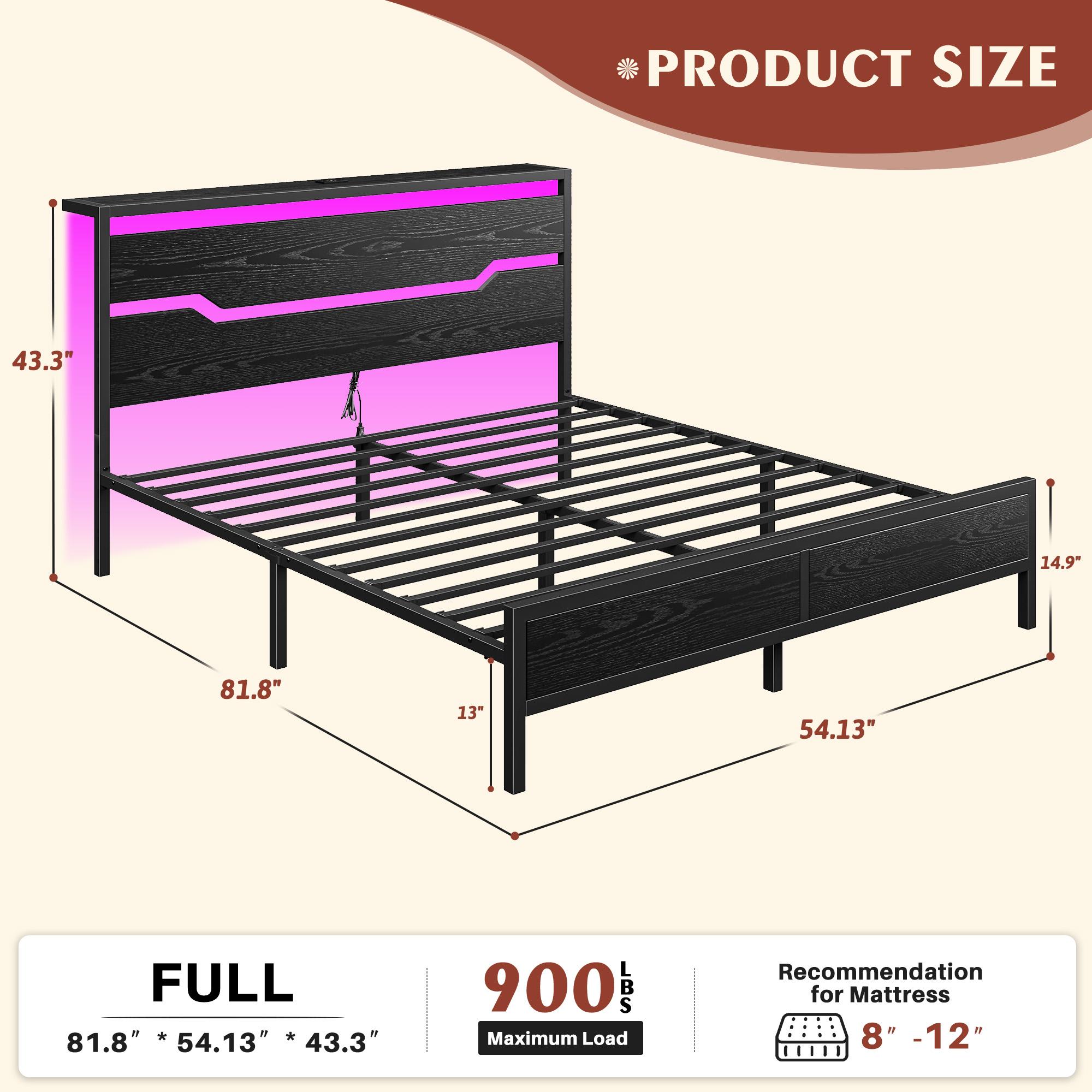 Wood Bed Frame for Queen King Full with Headboard & Storage Shelf, Queen Size Bed Frame with LED Lights & Charging Station,  No Mattress, Holds up to 900LBS with Metal Slats & Frame, No Noise
