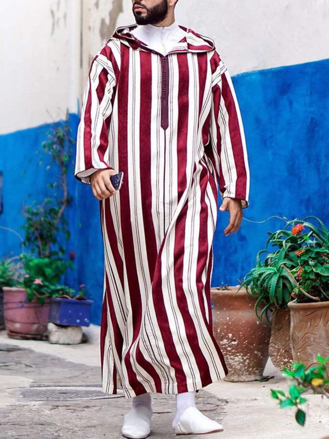 Men's Ethnic Style New Colorblock Striped Long Muslim Thobe, Islamic Thobe, Traditional Arabic Robe, Casual Fashion, Comfortable and Stylish, Perfect for Daily Wear, Modest Muslim Thobe, Clothing