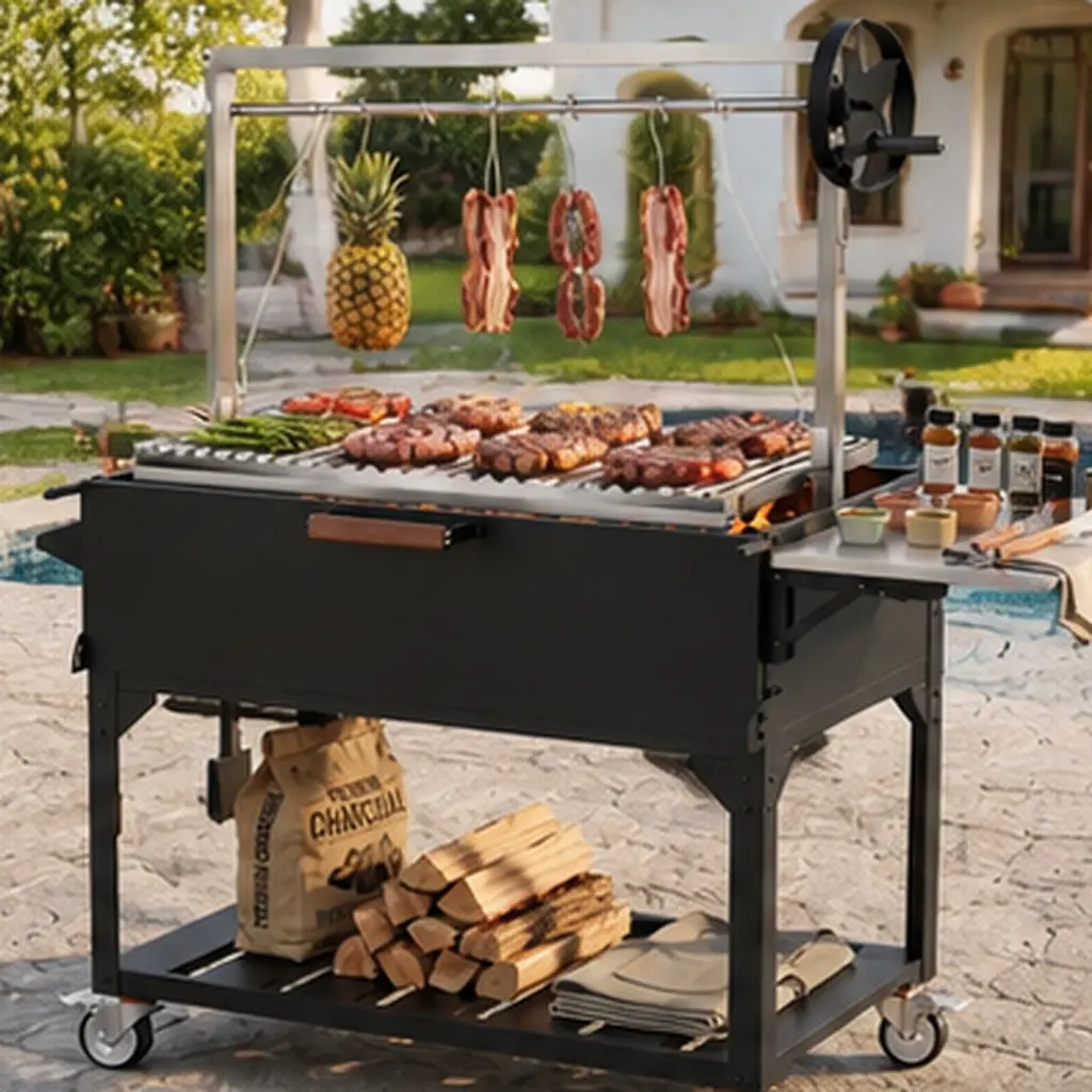 Argentine Santa Maria Wood Fire Charcoal BBQ Grill with Adjustable Height Grates 2-24in, 304 Stainless Steel V-Shaped Grates, Fire Bricks, S-Hooks, Foldable Side Table, Locking Casters, Black Metal Outdoor Patio Cooking, Black Color Options