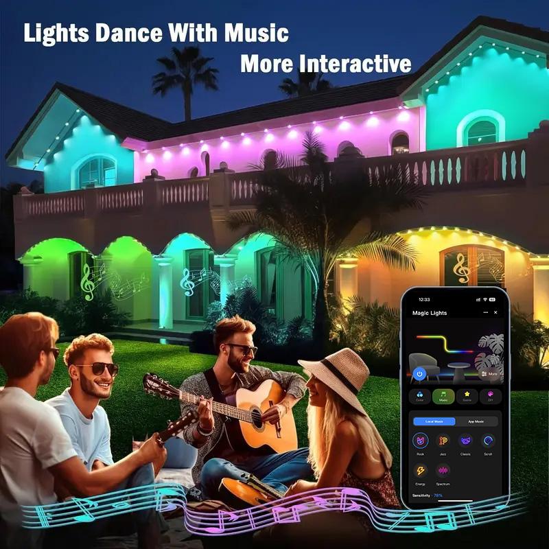 56/105ft Smart Permanent Outdoor Eave Lights with High Brightness Convex Mirror Beads & 63 Lighting Modes IP67 Waterproof RGBIC Ambient String Lights Controlled by APP and Remote Works with Google Home & Alexa