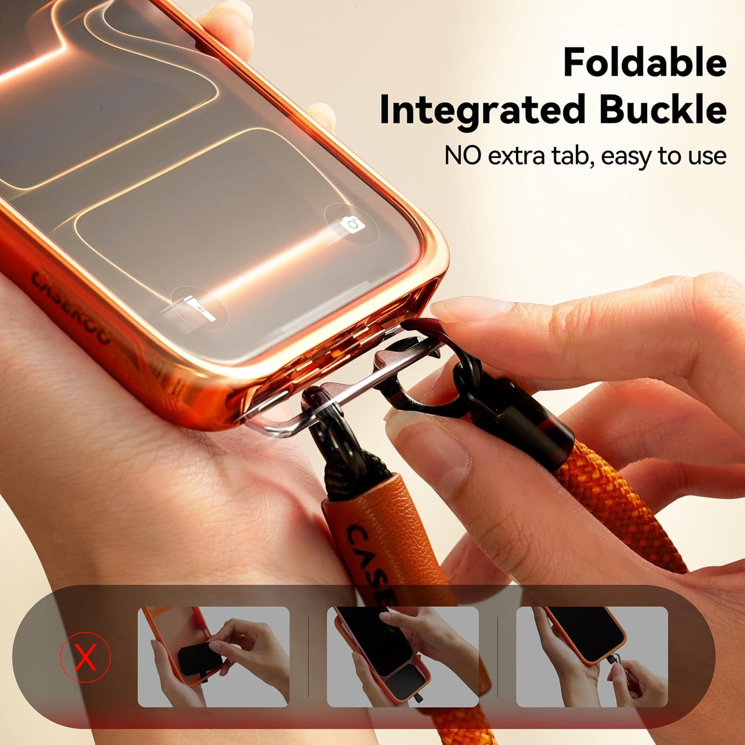 CASEKOO Linkoo 1st Magnetic iPhone 17 Pro Max Case with Foldable Invisible Lanyard Buckle Wrist Strap, Anti-Fall, Aluminum Alloy Lens Protection, Tether Phone Case, Hiking Daily Commute, Glossy Orange