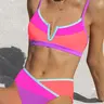 POPVIL Women's 2-Piece Neon Colorblock Beach Bikini Swimsuit - Sports Swim Bottom Set with V-Cut Neckline Triangle Top, Built-In Pads, Mid-Rise High-Waisted Cheeky Bottoms, Tummy Control, Elastane Fabric