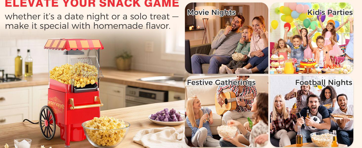 1200W Electric Hot Air Popcorn Maker Machine with Measuring Scoop - Oil-Free Healthy Popper, Retro Red & Design, Compact 12-Cup Capacity, Stainless Steel Construction for Home, Movie Nights, Parties, Christmas - Easy-Clean & Safe Operation