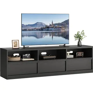 Mid Century Modern TV Stand 70" - Heavy Duty Steel-Framed Entertainment Center with Sliding Barn Doors, Open Shelving & Storage Drawer, Fits TVs Up to 85" Black