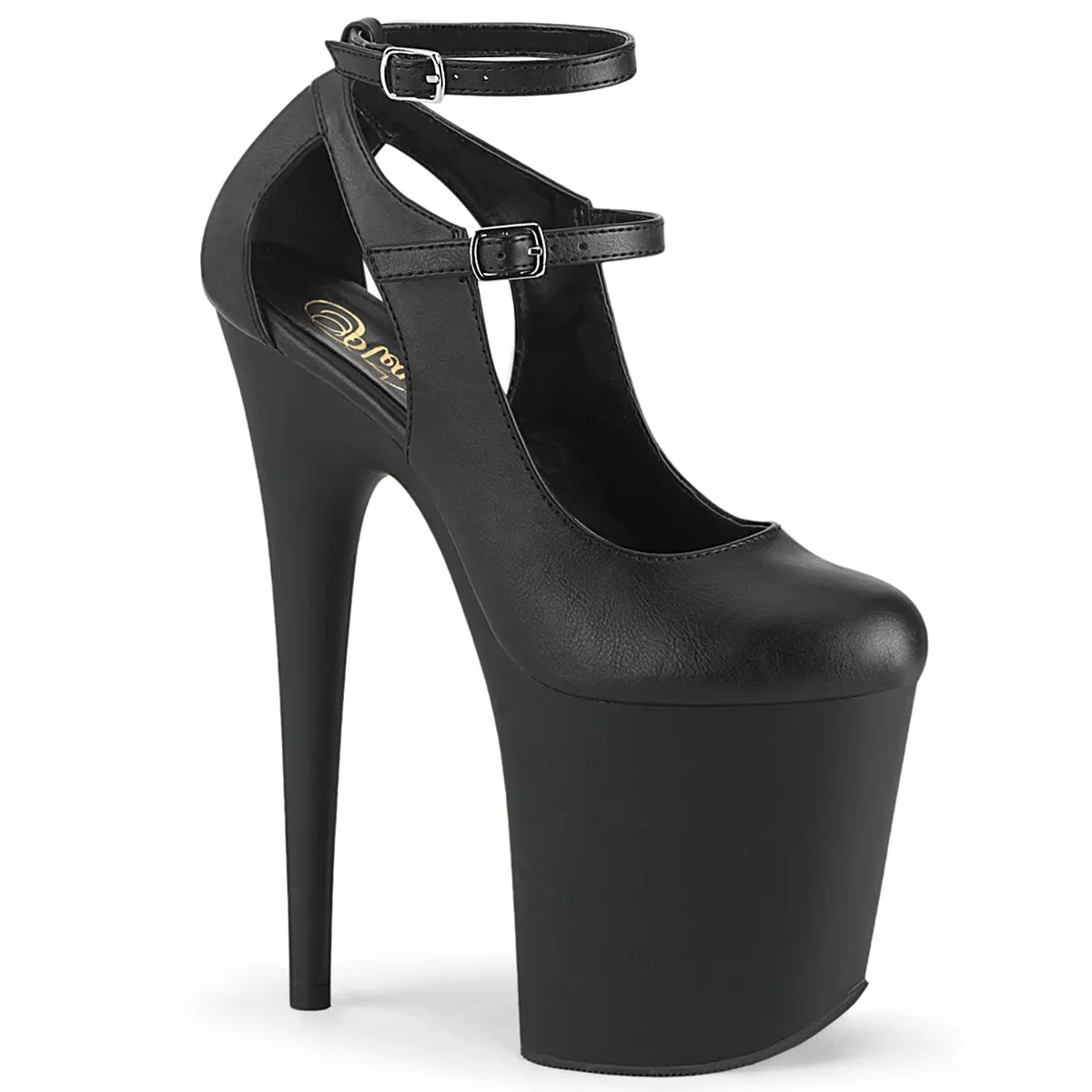 Pleaser Women's Cutout Mary Jane Platform Pumps in Black Vegan Leather with 8" High Heel and Dual Buckle Straps, Shoe, Black Vegan Leather/Black
