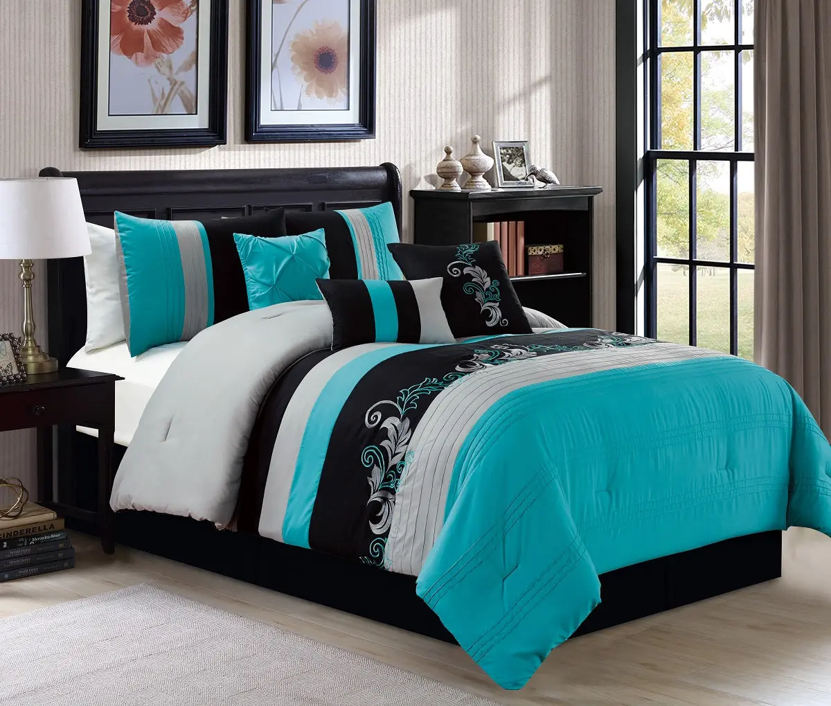 CHEZMOI COLLECTION Napa 7-Piece Luxury Leaves Scroll Embroidery Comforter Set King - 100% Polyester Soft Bedding, Easy Machine Wash, 7-piece bedding sets collections for bedroom decor ideas & cozy bed setup