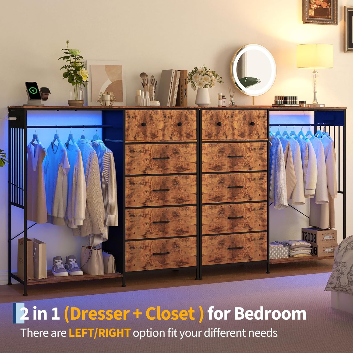 49.2" w Dresser with Hanging Rack & LED Lights, 6-Drawer Closet Organizer with Charging Station, Tall Storage Tower for Bedroom, Reversible Wood Top Chest, Sturdy Frame 49.2" w Dresser with Hanging Rack & LED Lights, 6-Drawer Closet Organizer with Charging Station, Tall Storage Tower for Bedroom, Reversible Wood Top Chest, Sturdy Frame