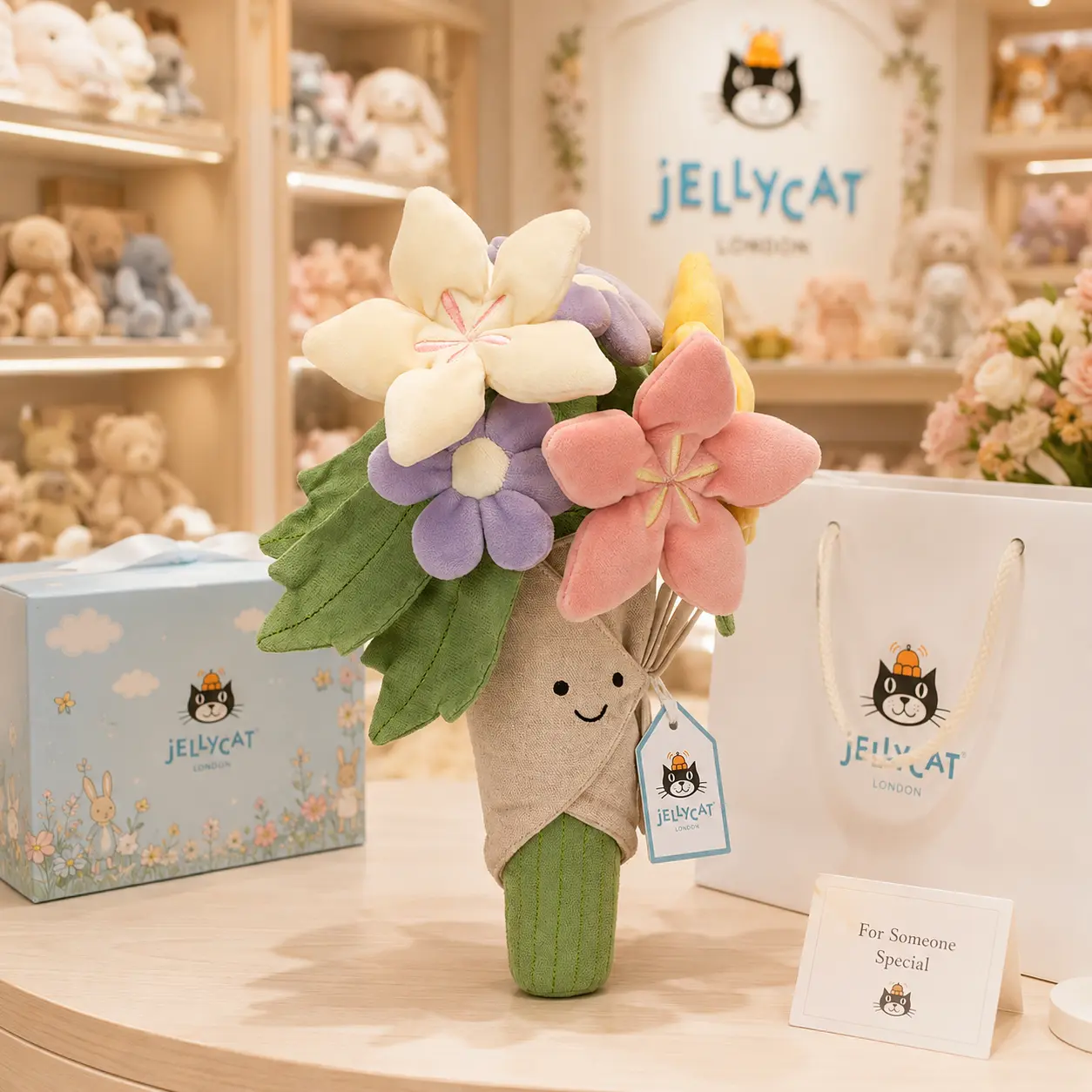 Authentic Jellycat Amuseables Flower Bouquet Plush with Gift Bag, Soft Floral Stuffed Toy, Cute Flower Plush Doll Gift for Her, Birthday, Valentine’s Day, Mother’s Day, Room Decor