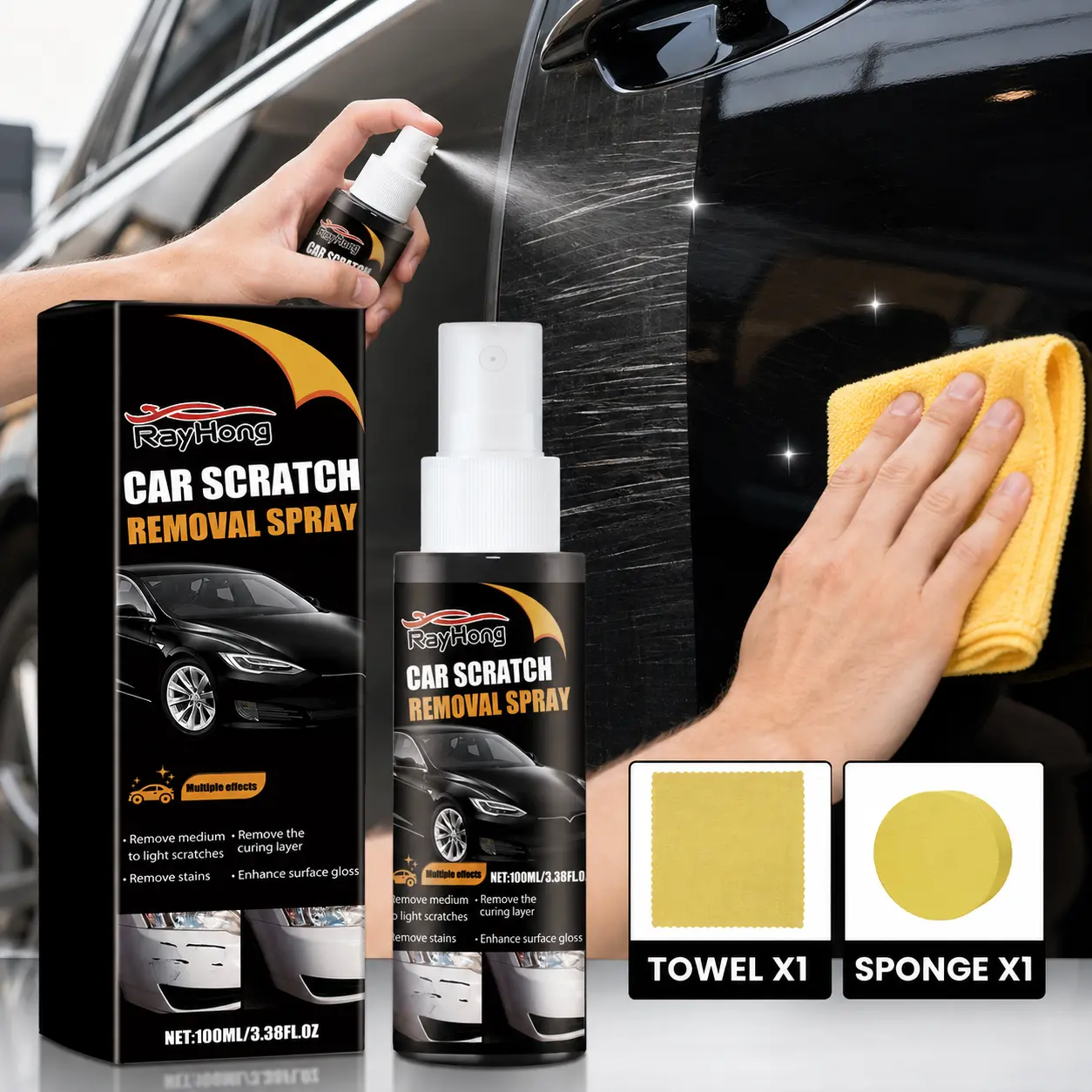 100ml Car Scratch Removal Spray Kit - Paint Surface Cleaner, Glossy Shine Restorer for Light Scratches, Stains, Swirl Marks, Includes Towel & Sponge for Easy DIY Car Detailing, Restores Shine