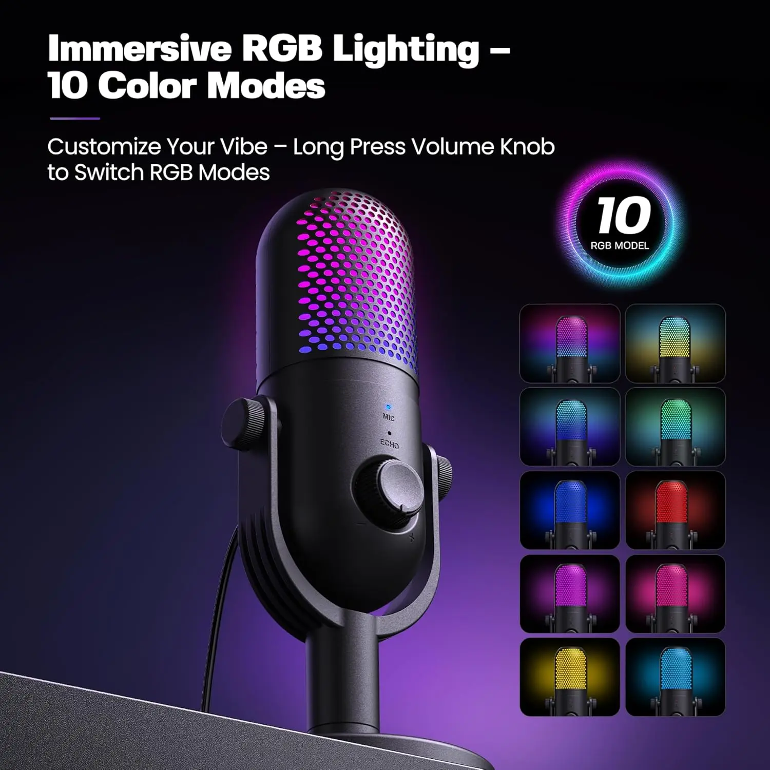 Portable USB Condenser Microphone with Plug-in Design, Noise Reduction & Clear Audio - RGB Gaming Mic for PC/Laptop with Stand, Quick Mute - Desk Mic for Podcasting & Streaming (Black)