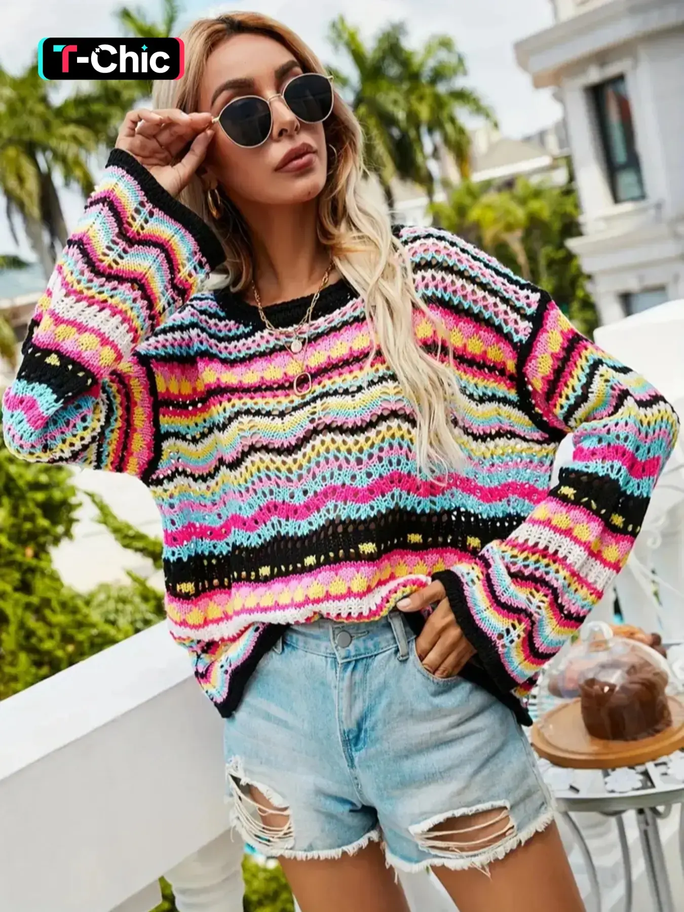 Women's Colorful Striped Print Hollow Out Drop Shoulder Knit Sweater, Casual Striped Knitted, Casual Long Sleeve Round Neck Jumper for Spring & Fall, Casual Fashion Knitwear for Daily Wear Crewneck