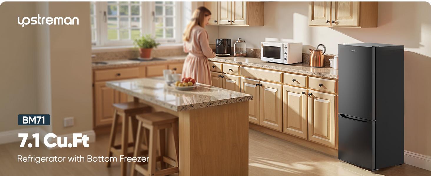 Upstreman mini fridges 7.1 Cu.Ft Energy-efficient Bottom Freezer Refrigerator with Adjustable Thermostat & Double Door Design for Apartment Kitchen Dorm BM71