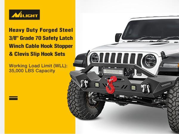 Nilight Forged Steel Winch Hook 3/8" Grade 70 Safety Latch Winch Cable Hook Stopper & Clevis Slip Hook Sets, Included Allen Wrench,Max 35,000 lbs
