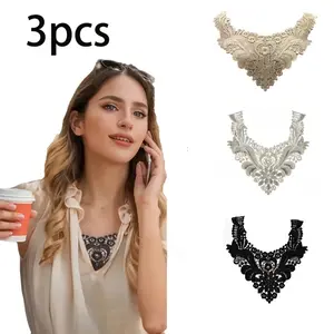 [Elegant Lace Collar] 3pcs Elegant Water-soluble Embroidered Lace Collar Set - Floral And Lace Design, Black/beige, Lightweight Polyester DIY Accessory for Dresses, Shirts, Jackets (hand Wash Only), Sewing Supplies Accessory