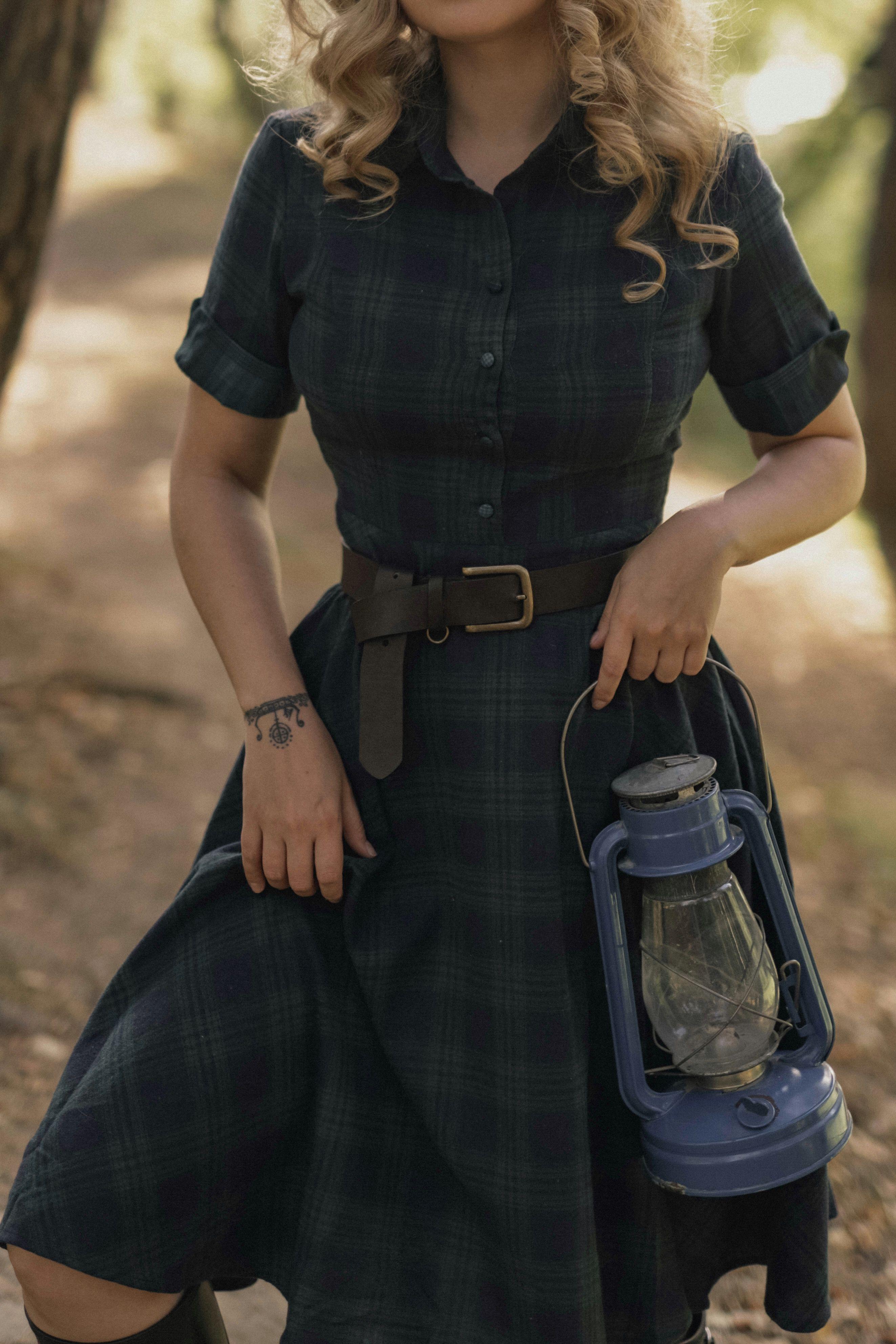 Retro Stage 1950S Green Plaid Short Sleeve Shirt Dress with Cinched Waist & Flared Skirt for Casual Outings & Dates - Classic Look & Comfortable Fit Womenswear Collared Shortsleeve Summer Basic Minimalist Vintage Girly Clothes Suits Gamis Fitted