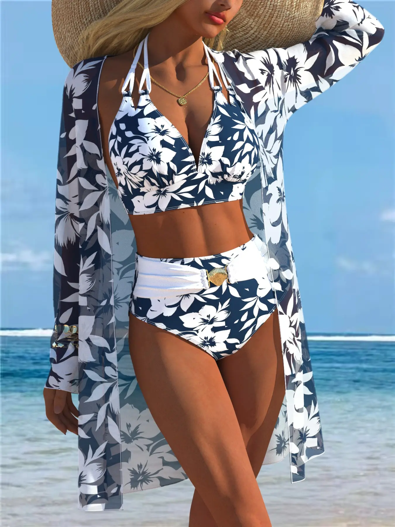 New European and American Women's Sexy Fashion Three-Piece Set, Sun-Protection Long-Sleeve Mesh-Print Cover-Up with Classic Split Triangle Bikini, Printed Beach and Poolwear Set, Beachwear Swimsuit