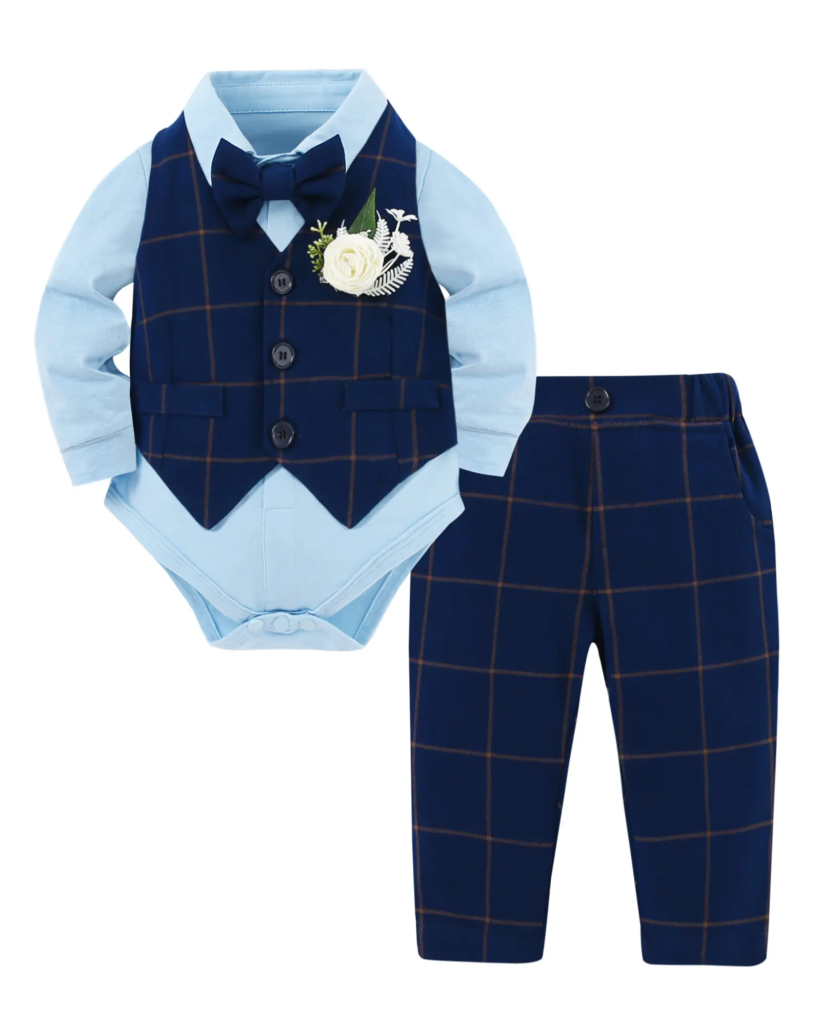 Baby Clothing Toddler Boy 5-Piece Plaid Formal Suit Set - Shirt, Bowtie, Vest, Corsage, Pants for Wedding, Easter Gentleman Outfits (0-18M)