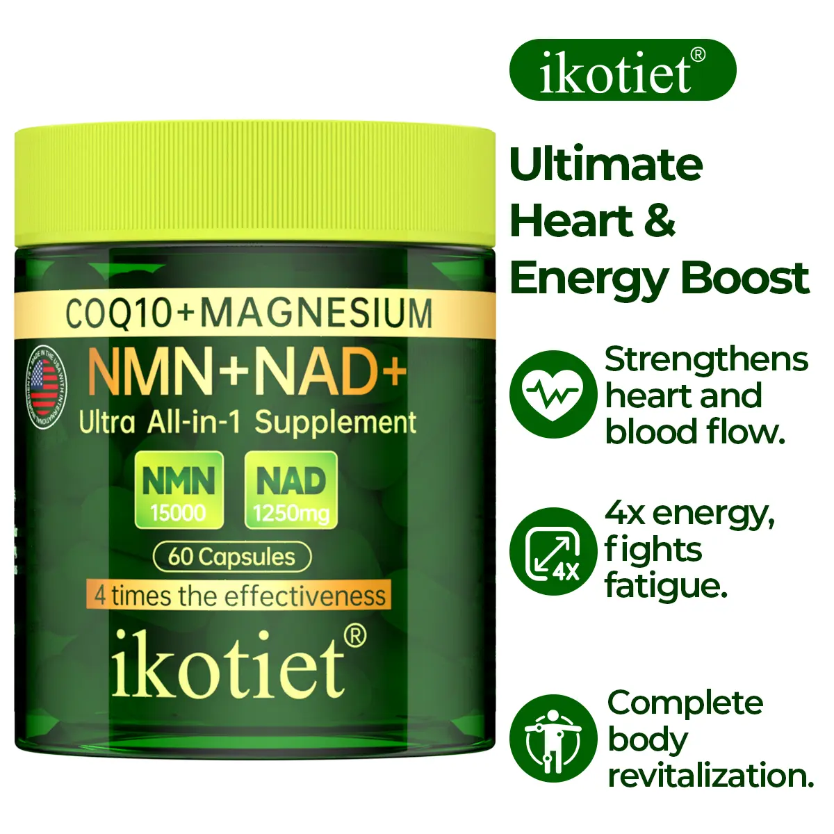 IKOTIET Sugar-Free NAD+ NMN & CoQ10 Multi-Function Triple-Action Dietary Supplement - 1000mg per Serving, 60 Capsules (30-Day Supply), Brain Health Support, Activates SIR Proteins, Heavy Metal Safe, Energy Boost, Skin Care Nad And Dna Repair