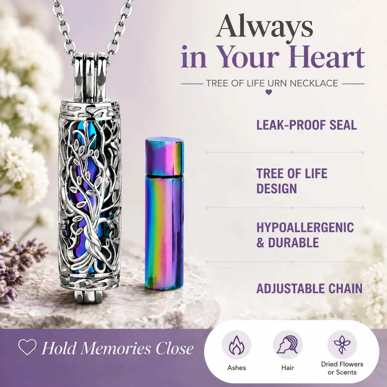 EIGIIS Stainless Steel Tree of Life Ash Container Urn Necklace, Hollow Cylinder Cremation Vial Memorial Keepsake Pendant with Adjustable Chain for Pets