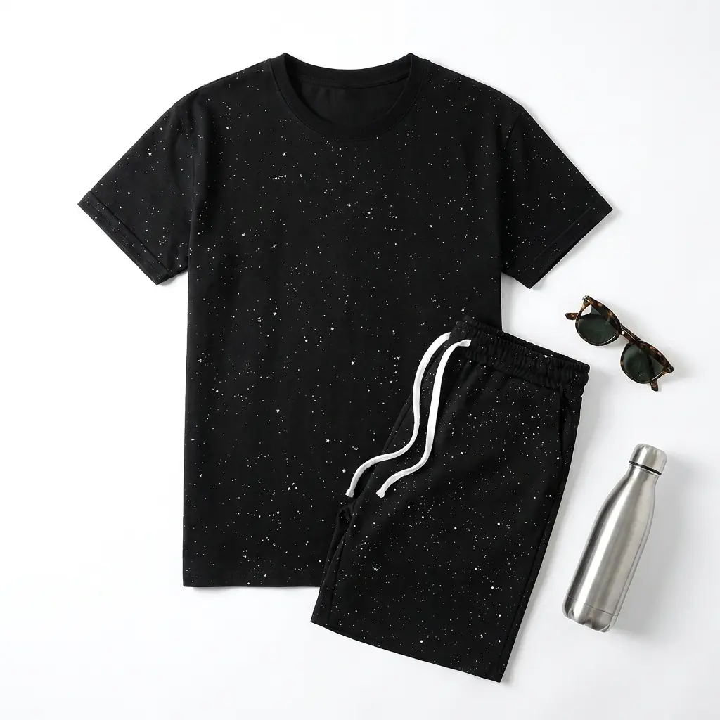 Men's 2-Piece T-Shirt and Shorts Set, Casual Galaxy Glitter Print Poly-Cotton Menswear with Short Sleeve Round Neck Top, Shortsleeve Tee Shorts Set Crewneck Clothes Suits Tropical Formal Wear