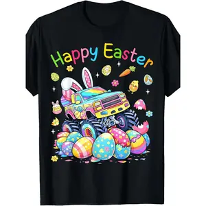Happy Easter Truck Bunny Ears Easter Eggs Men T-Shirt Pure Cotton Cool Tees in Spring & Summer Size