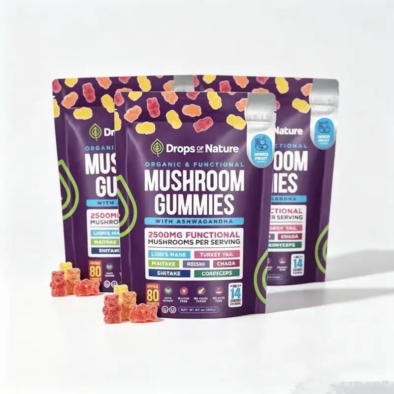 Drops Of Nature Mushroom Gummies| Ashwagandha KSM-66, Lion's Mane, Shiitake, Turkey Tail, Reishi, Maitake, Chaga, Cordyceps| Vegan Mushroom Supplement| Mixed Fruit, 80 Gummies