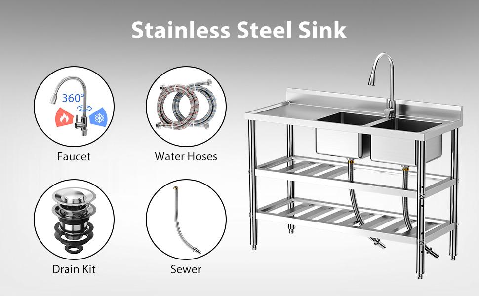GARVEE Free Standing Commercial Kitchen Sink, Stainless Steel Utility Sink with Hot & Cold Hoses, Stainless Steel Double Bowl Utility Sink Set for Garage, Restaurant, Kitchen, Outdoor