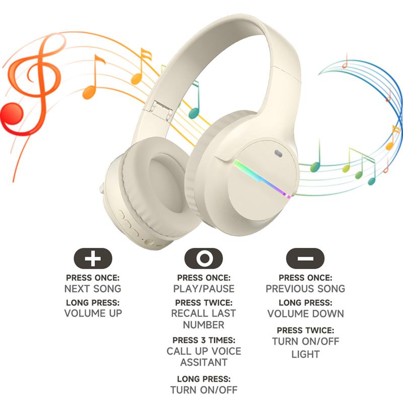 Bluetooth Headphones Over Ear, Colorful LED Lights Headphones Wireless, 65 Hours Playtime Wireless Headphones with Built-in Mic for iPad/Tablet/Airplane, Foldable Lightweight Headset with Deep Bass, HiFi Stereo Sound Low Latency for Travel Work Cellphone