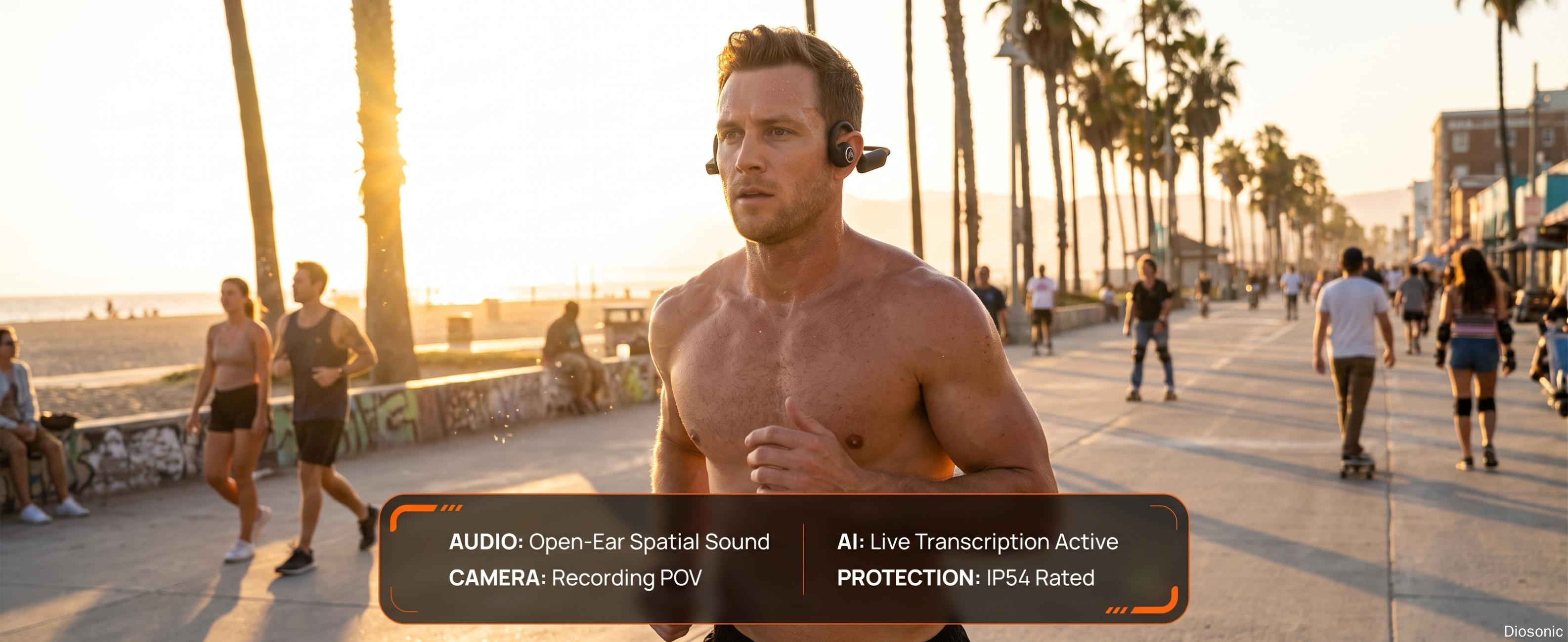 DIOSONIC New AI Smart Camera Open-Ear Earphones, Bluetooth 5.3 Wireless Chargeable Earbuds with 8MP Camera, 1080P Video, Wi-Fi Sync, IP54 Rated, Magnetic Charging, Audio, Recording, Instant Connection for Cycling, Outdoor Sports