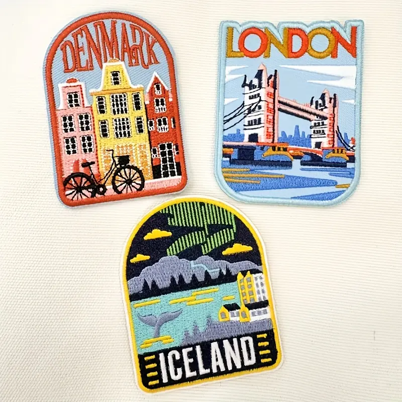 3Pcs City Logo Embroidered Patches, Tour Memorabilia Cap Appliques- Paris, Denmark, Iceland Designs, Fine Embroidery, Adhesive Backing for Ironing/Sewing, Suitable for Backpacks, Hats, Clothing
