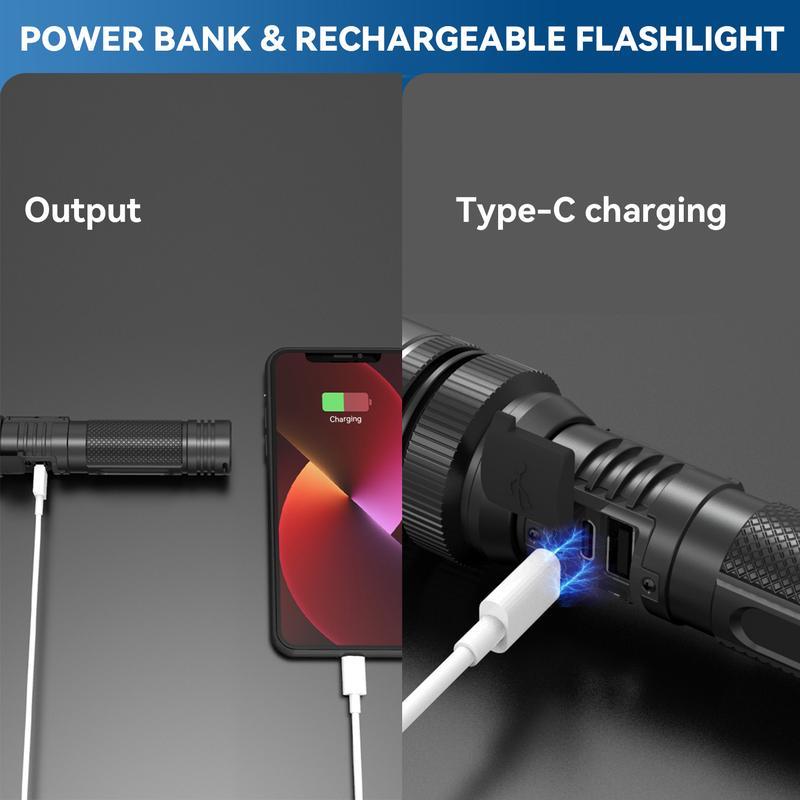 Strong Flashlight 2000LM LED with charging Phone function Digital display of power, Rechargeable，Zoomable, , X4Waterproof, Adjustable Brightness Flash Light for Outdoor, Emergency, Camping Accessories