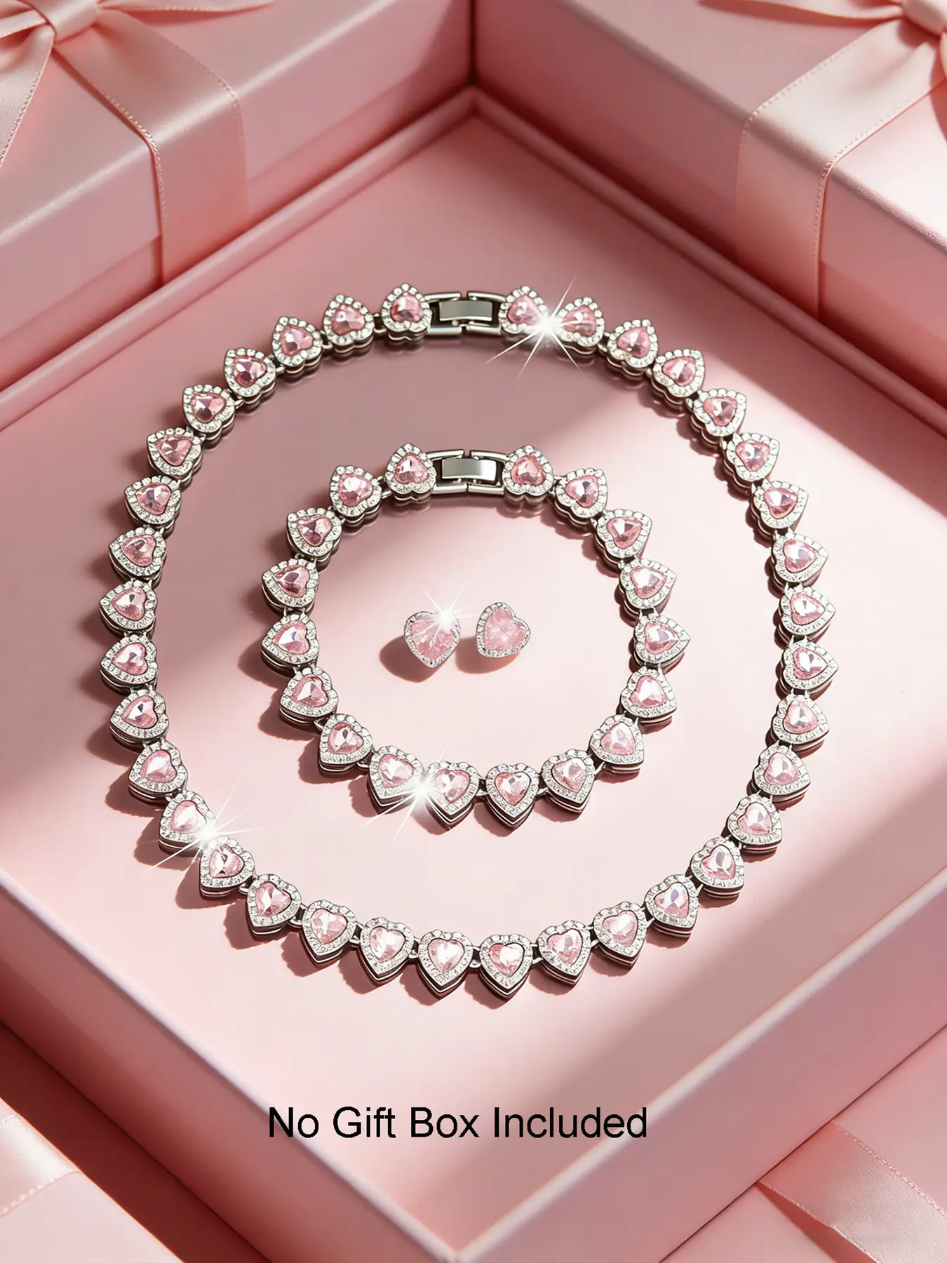 3-Piece Pink Heart-Shaped Iced Out Necklace & Bracelet & Stud Earrings, Elegant Costume Jewelry Set, Necklace and Bracelet Set, Bridal Sets, Perfect for Weddings, Parties, Date Nights & Gifting